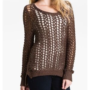 Lucky Brand Macey Brown Open Knit Metallic Sweater